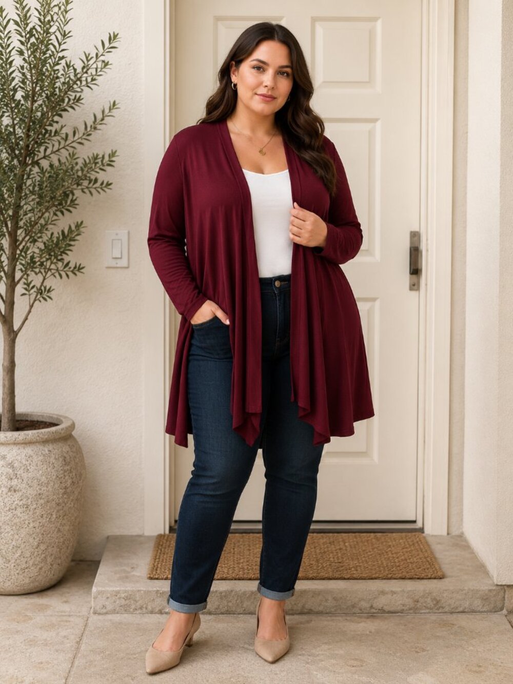 NWT Lane Bryant Burgundy Waterfall Cardigan Size 34/36